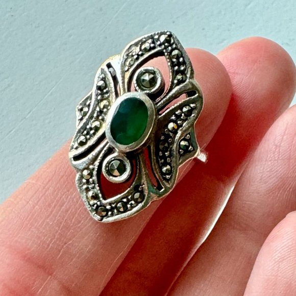 Vintage Jewelry - 1970s vintage malachite & marcasite Art Deco revival ring, size 5.75, retro